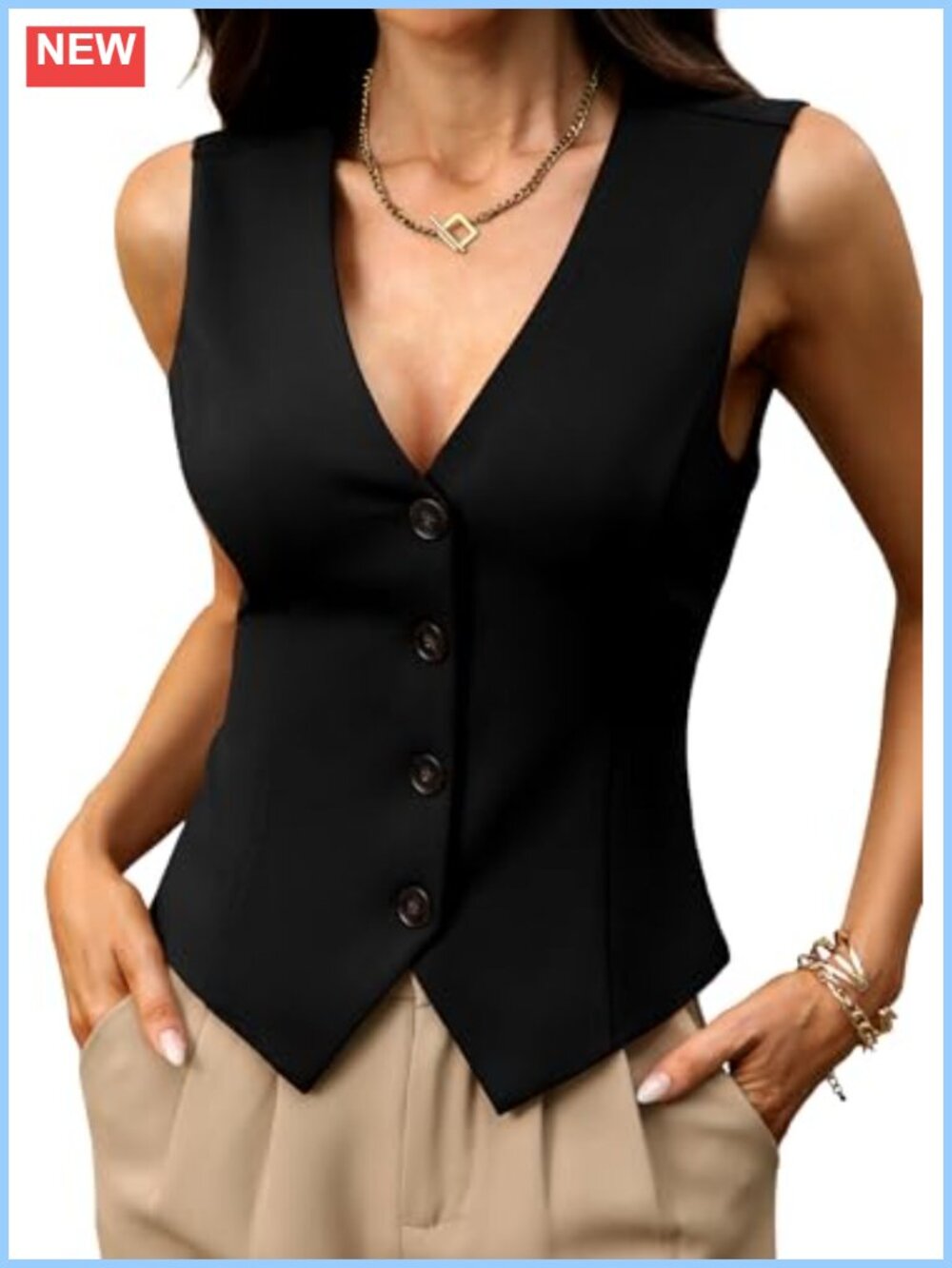 Stretchy Knit Vest Top V-Neck Button Sleek Business Casual Layer